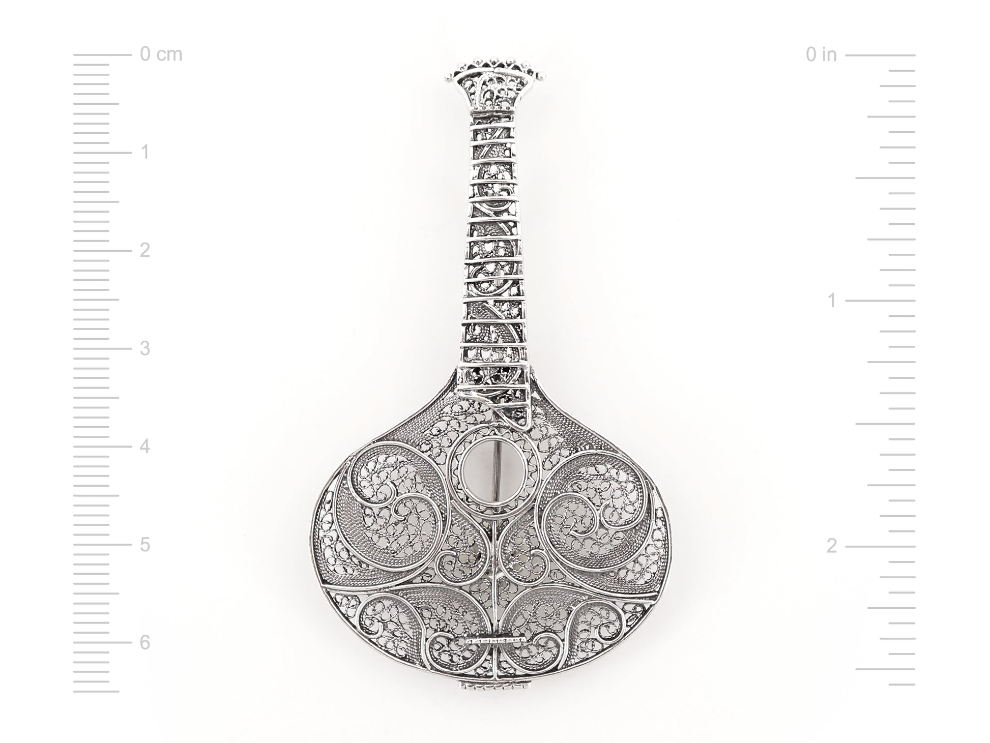 Medalha / Alfinete Guitarra Portuguesa Grande, Filigrana Portuguesa, Prata de Lei 925 - Medidas