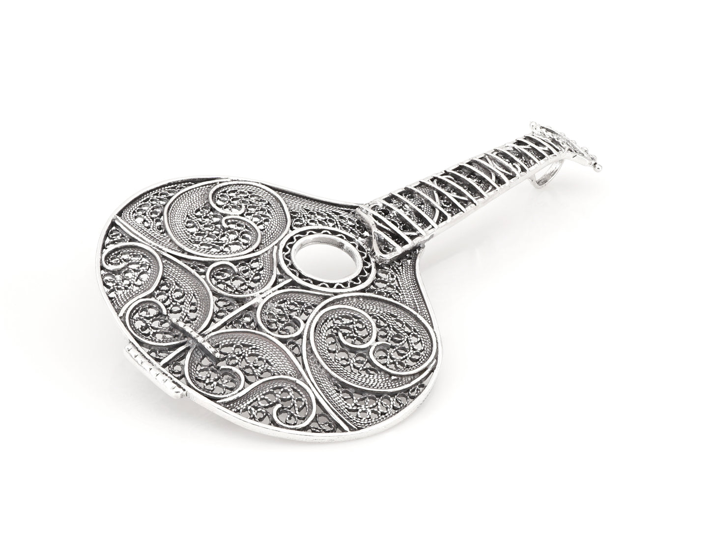 Medalha / Alfinete Guitarra Portuguesa Grande, Filigrana Portuguesa, Prata de Lei 925 - Perspectiva