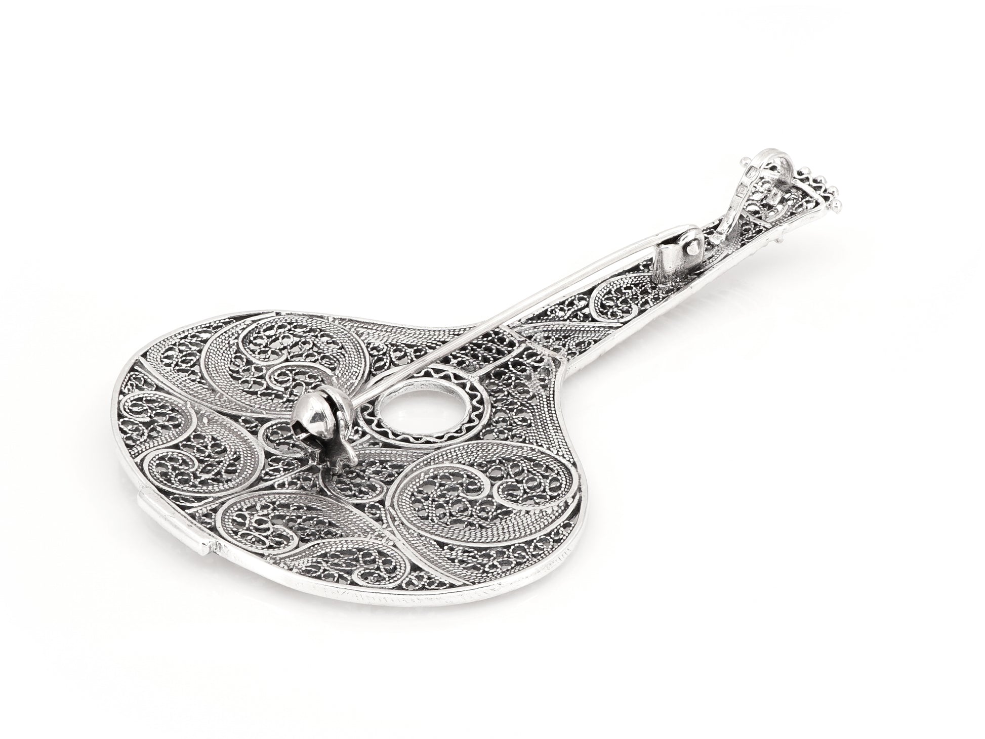 Medalha / Alfinete Guitarra Portuguesa Grande, Filigrana Portuguesa, Prata de Lei 925 - Vista de Trás