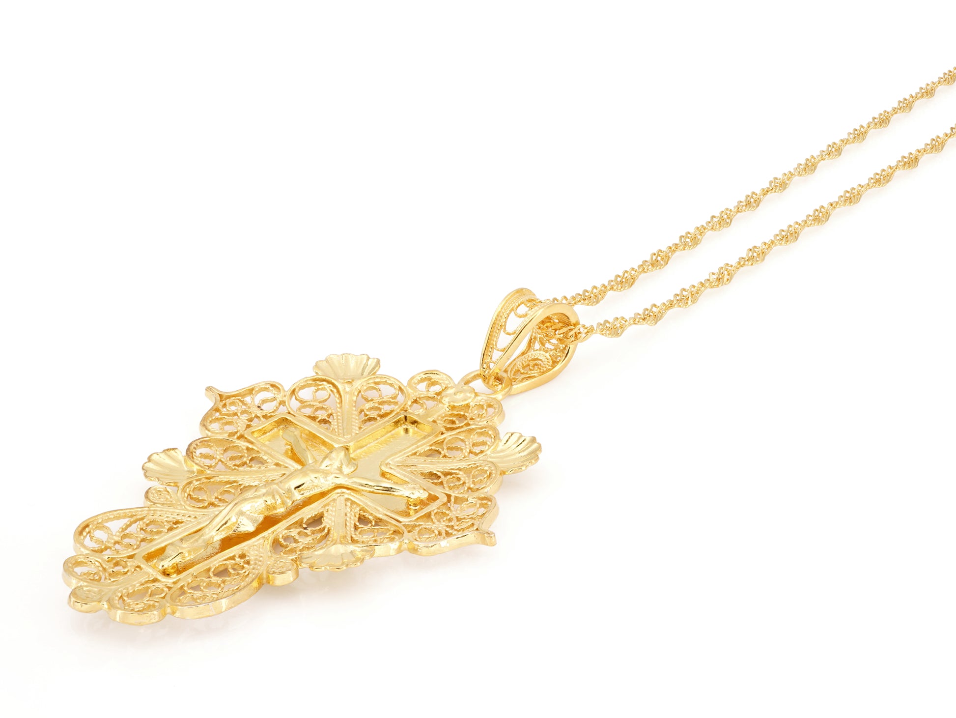 Colar Torcido com Cruz Esplendorosa, Filigrana Portuguesa, Prata de Lei 925 Dourada