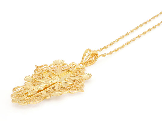 Colar Torcido com Cruz Esplendorosa, Filigrana Portuguesa, Prata de Lei 925 Dourada