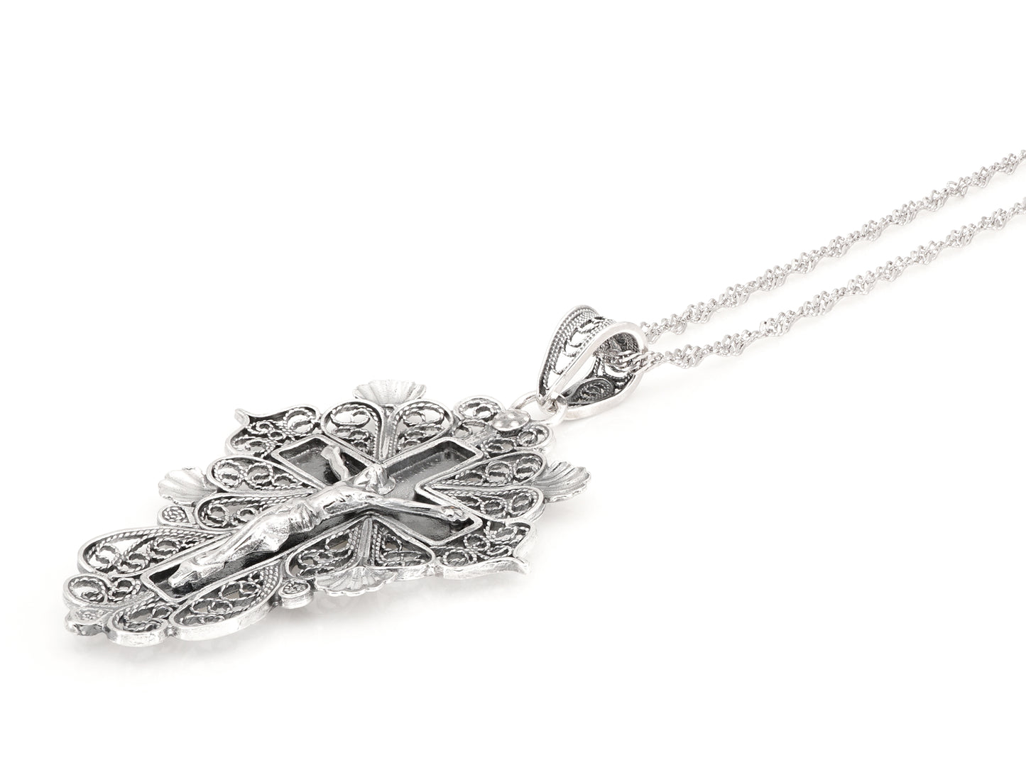 Colar Torcido com Cruz Esplendorosa, Filigrana Portuguesa, Prata de Lei 925