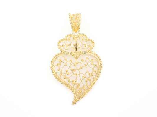 Medalha Coração de Viana Rendado Médio, Filigrana Portuguesa, Prata de Lei 925 Dourada - Vista de Frente