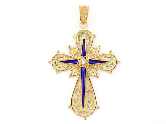 Medalha Cruz com Esmalte, Filigrana Portuguesa, Prata de Lei 925 Dourada - Vista de frente