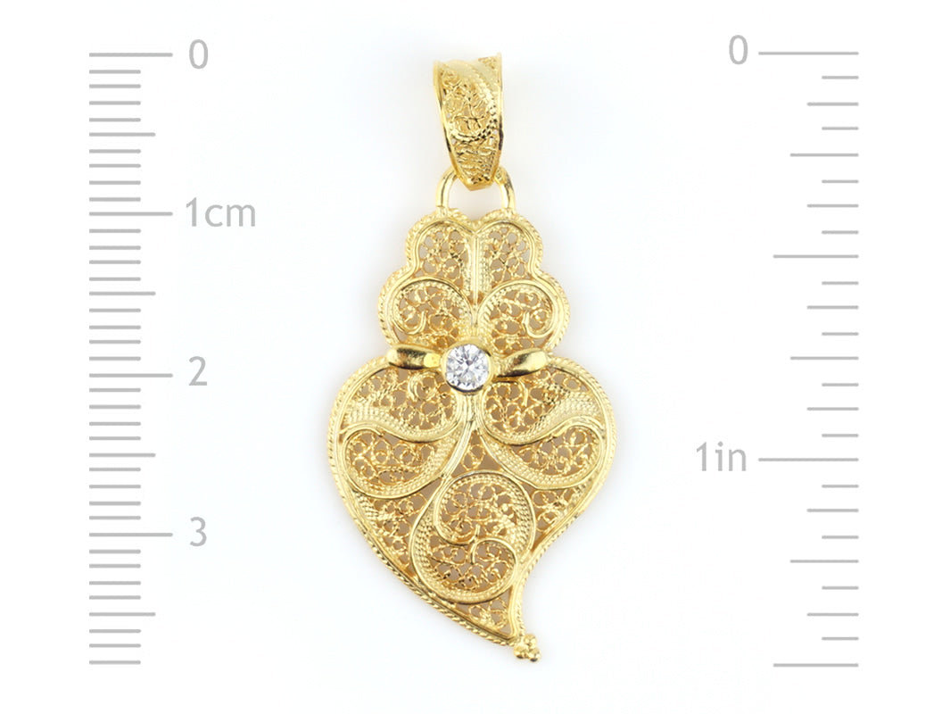 Medalha Coração Minhoto com Zirconia, Filigrana Portuguesa, Prata de Lei 925 Dourada - Medidas