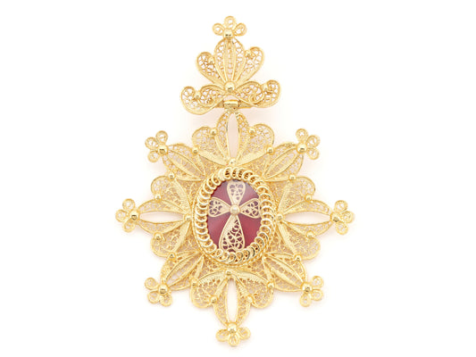 Medalha Relicário / Custódia Oval, Filigrana Portuguesa, Prata de Lei 925 Dourada - Vista de frente