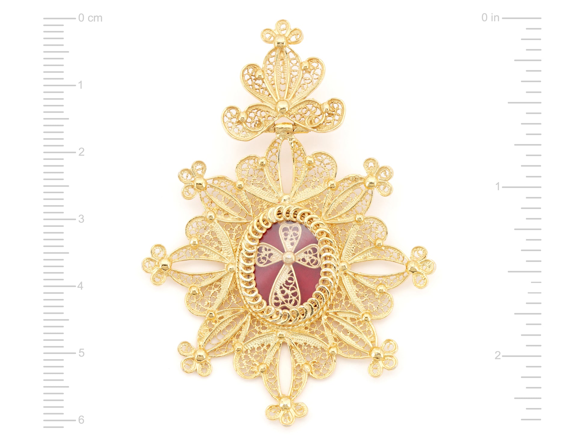 Medalha Relicário / Custódia Oval, Filigrana Portuguesa, Prata de Lei 925 Dourada - Medidas
