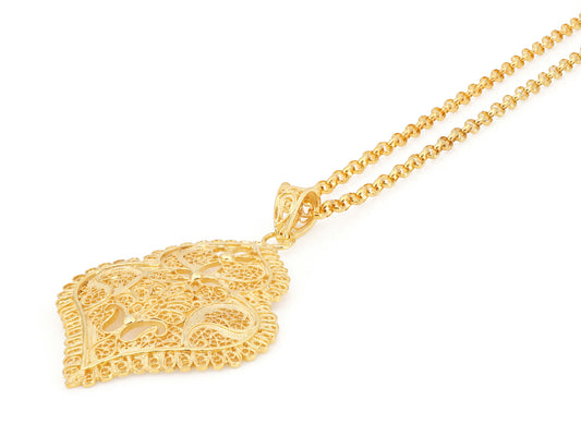 Colar com Medalha Coração de Viana Médio, Filigrana Portuguesa, Prata de Lei 925 Dourada