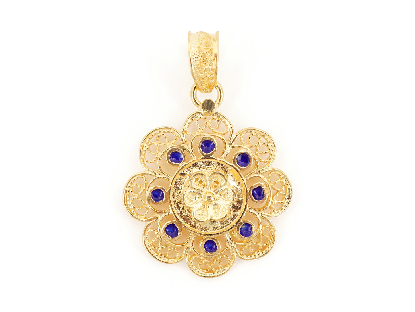 Medalha Redonda com Esmalte Azul, Filigrana Portuguesa, Prata de Lei 925 Dourada