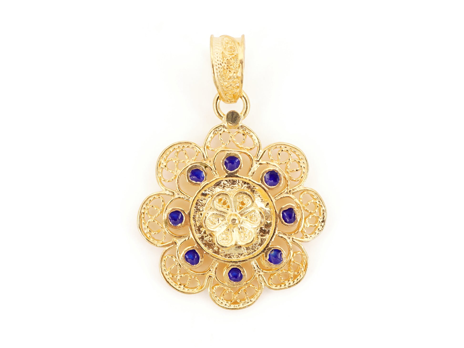 Medalha Redonda com Esmalte Azul, Filigrana Portuguesa, Prata de Lei 925 Dourada
