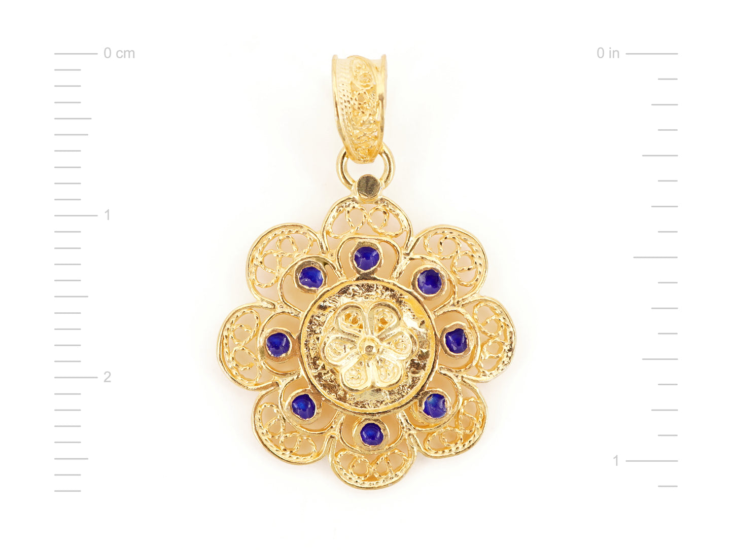 Medalha Redonda com Esmalte Azul, Filigrana Portuguesa, Prata de Lei 925 Dourada - Medidas