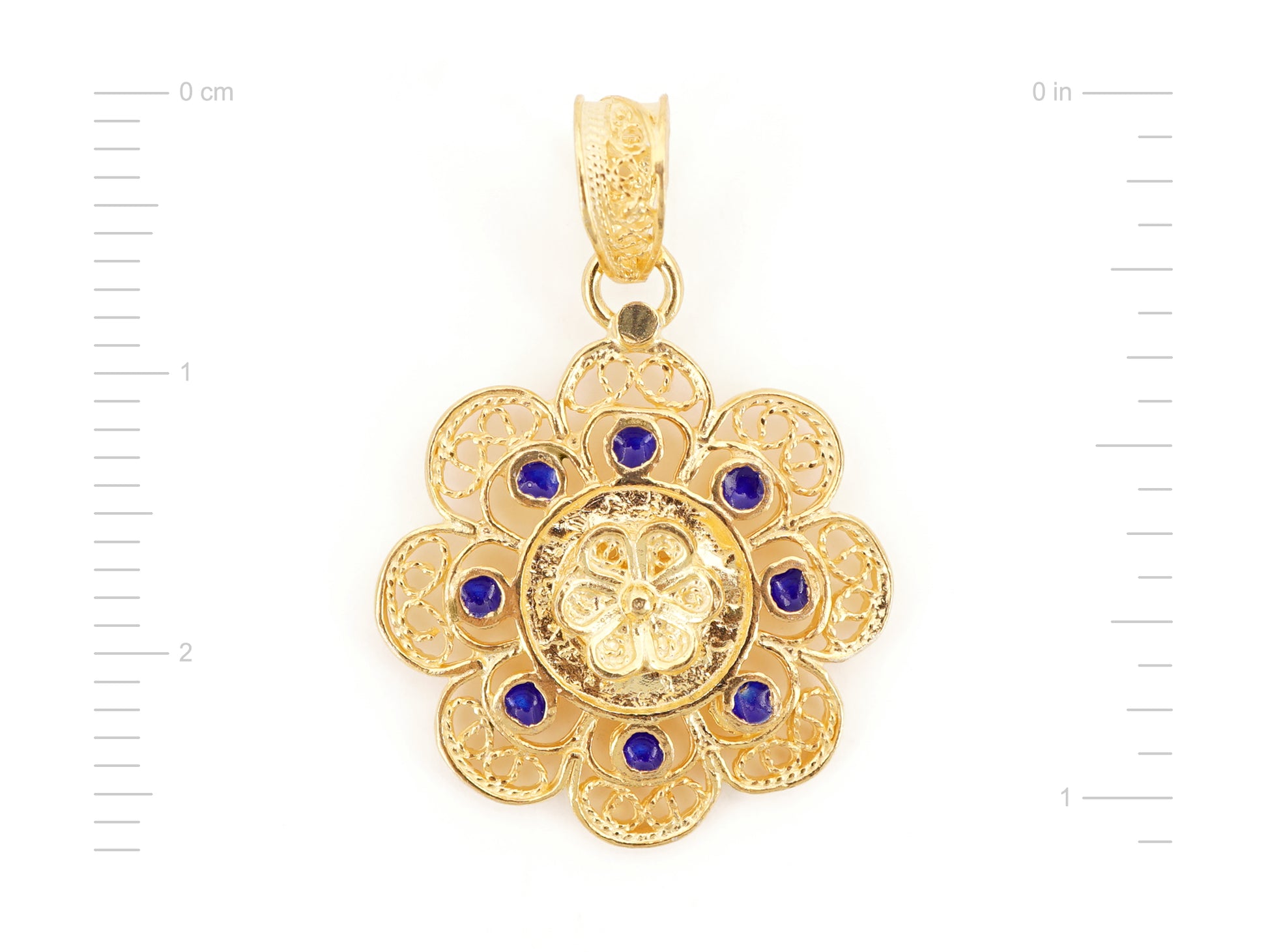 Medalha Redonda com Esmalte Azul, Filigrana Portuguesa, Prata de Lei 925 Dourada - Medidas