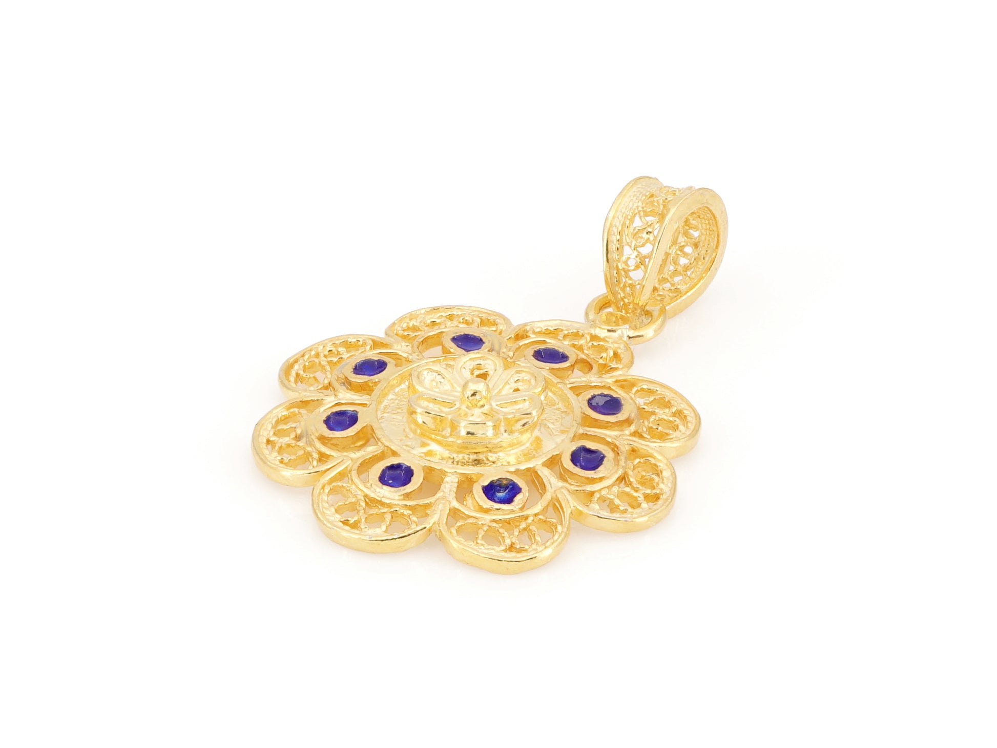 Medalha Redonda com Esmalte Azul, Filigrana Portuguesa, Prata de Lei 925 Dourada - Perspectiva