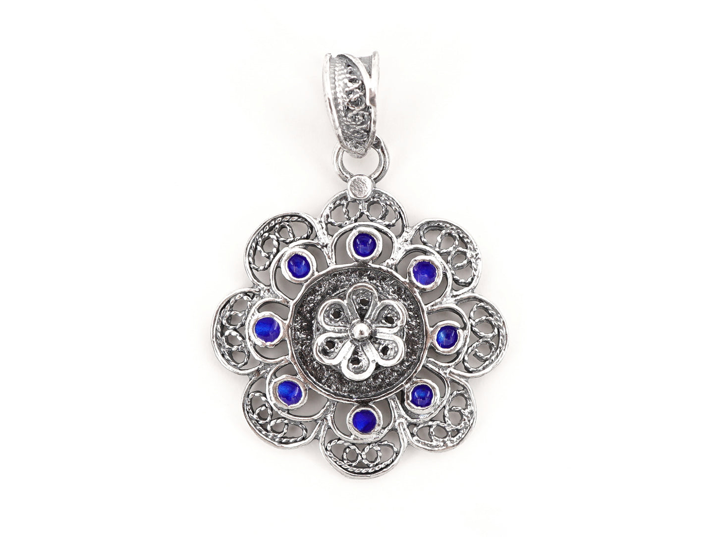 Medalha Redonda com Esmalte Azul, Filigrana Portuguesa, Prata de Lei 925