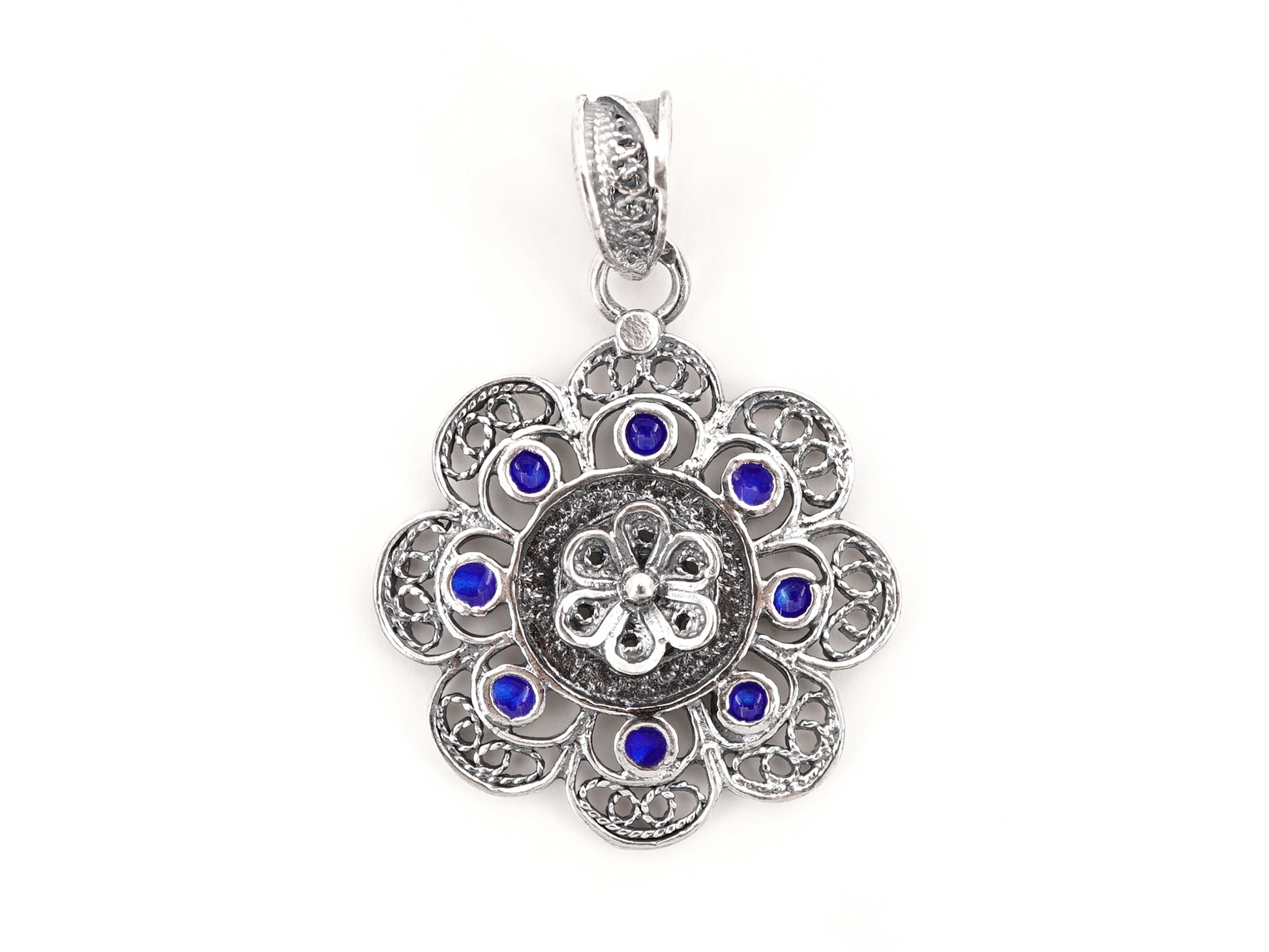 Medalha Redonda com Esmalte Azul, Filigrana Portuguesa, Prata de Lei 925