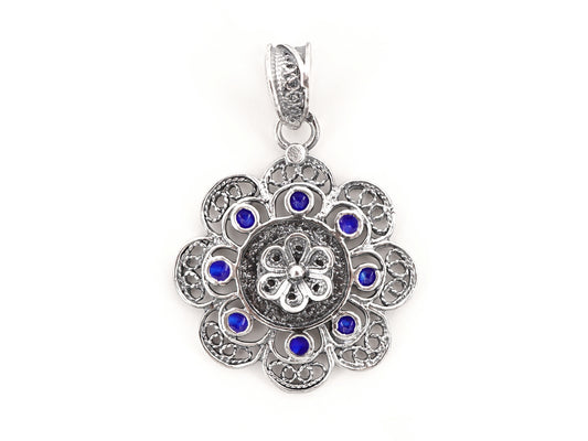 Medalha Redonda com Esmalte Azul, Filigrana Portuguesa, Prata de Lei 925