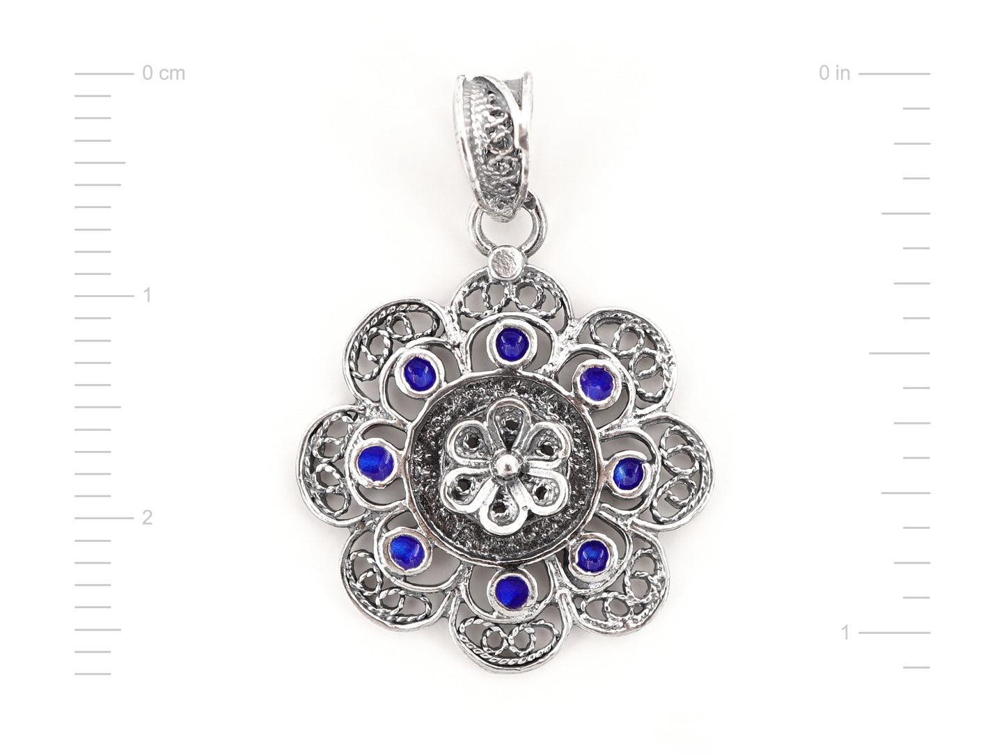 Medalha Redonda com Esmalte Azul, Filigrana Portuguesa, Prata de Lei 925 - Medidas