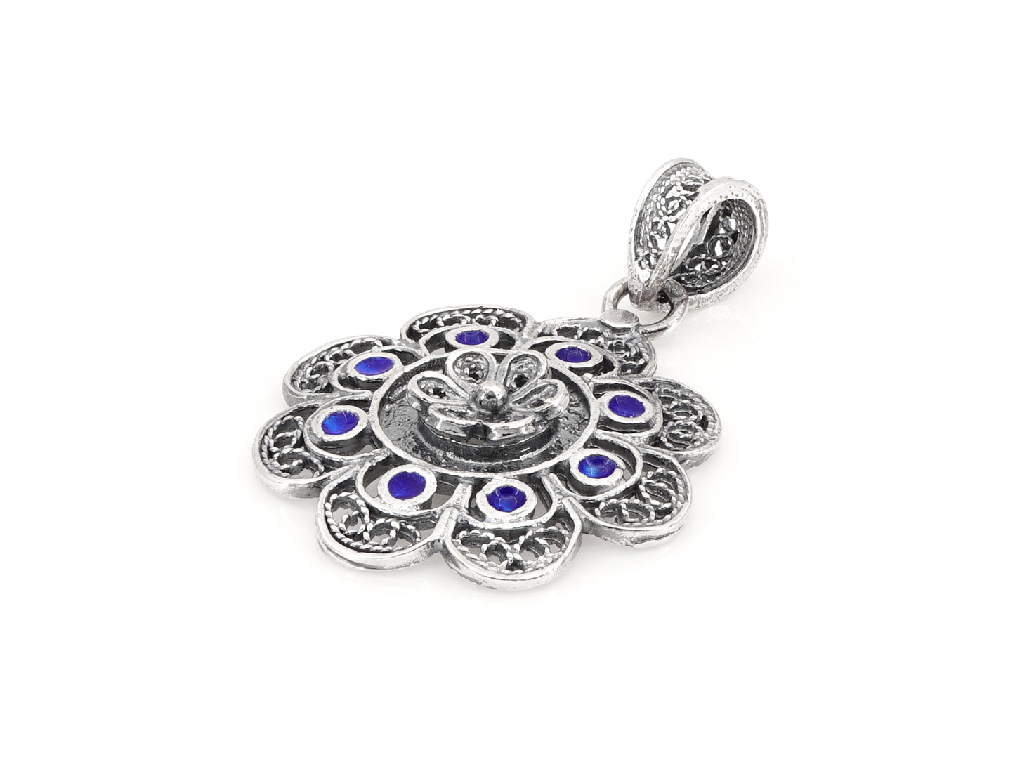 Medalha Redonda com Esmalte Azul, Filigrana Portuguesa, Prata de Lei 925 - Perspectiva