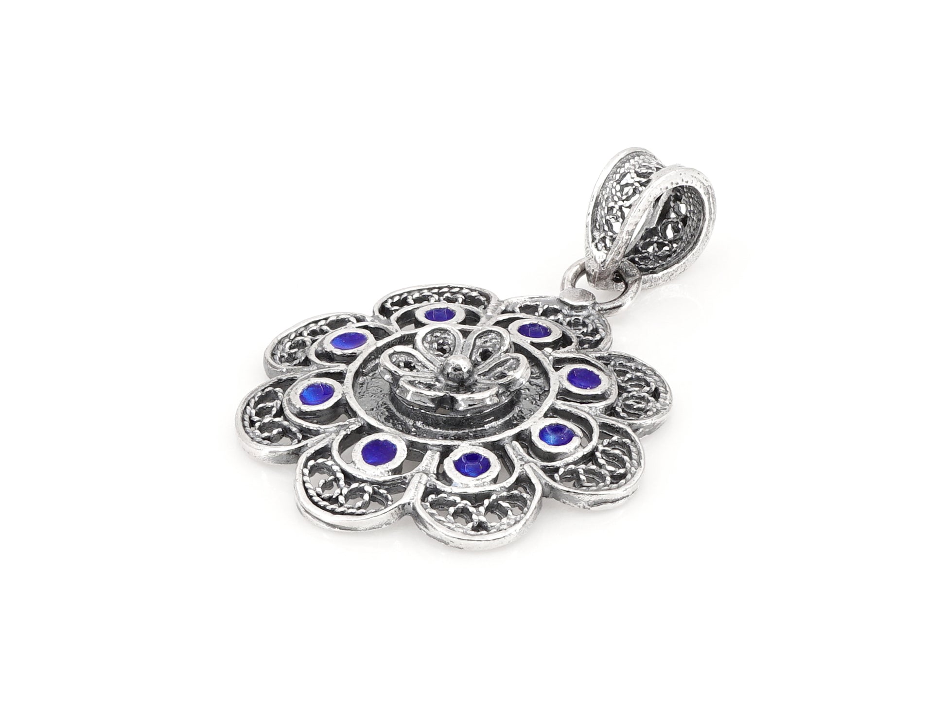Medalha Redonda com Esmalte Azul, Filigrana Portuguesa, Prata de Lei 925 - Perspectiva