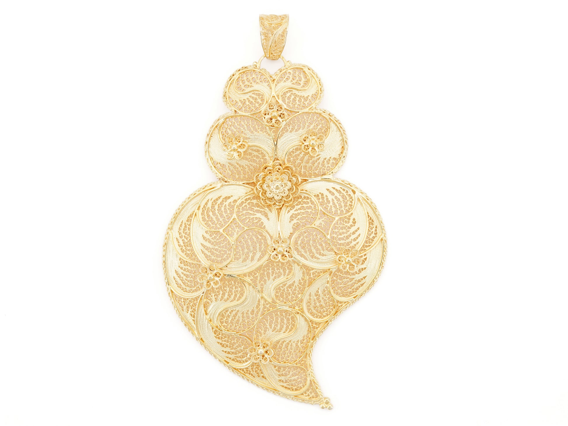 Medalha Coração de Viana Extra Grande, Filigrana Portuguesa, Prata de Lei 925 Dourada - Vista de Frente
