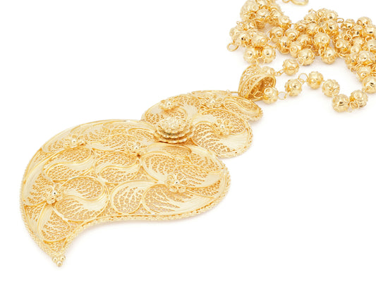 Colar Contas de Viana com Coração de Viana Extra Grande, Filigrana Portuguesa, Prata de Lei 925 Dourada - Perspectiva