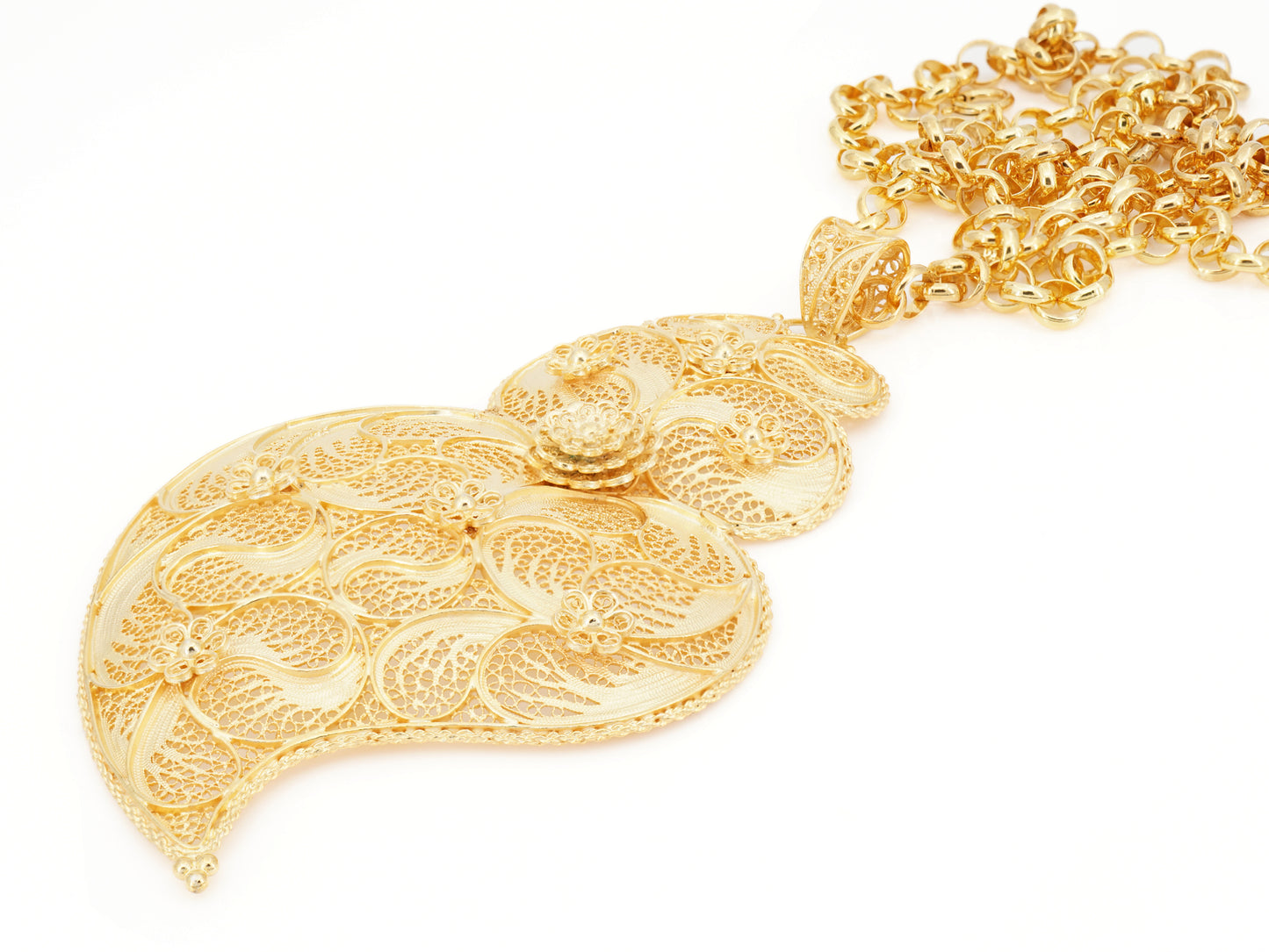 Cordão com Coração de Viana Extra Grande, Filigrana Portuguesa, Prata de Lei 925 Dourada - Perspectiva