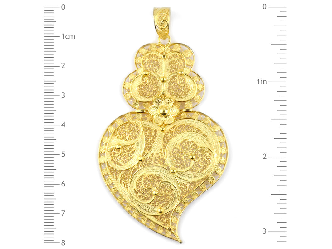 Colar Medalha Coração Moldura Grande, Filigrana Portuguesa, Prata de Lei 925 Dourada - Medidas