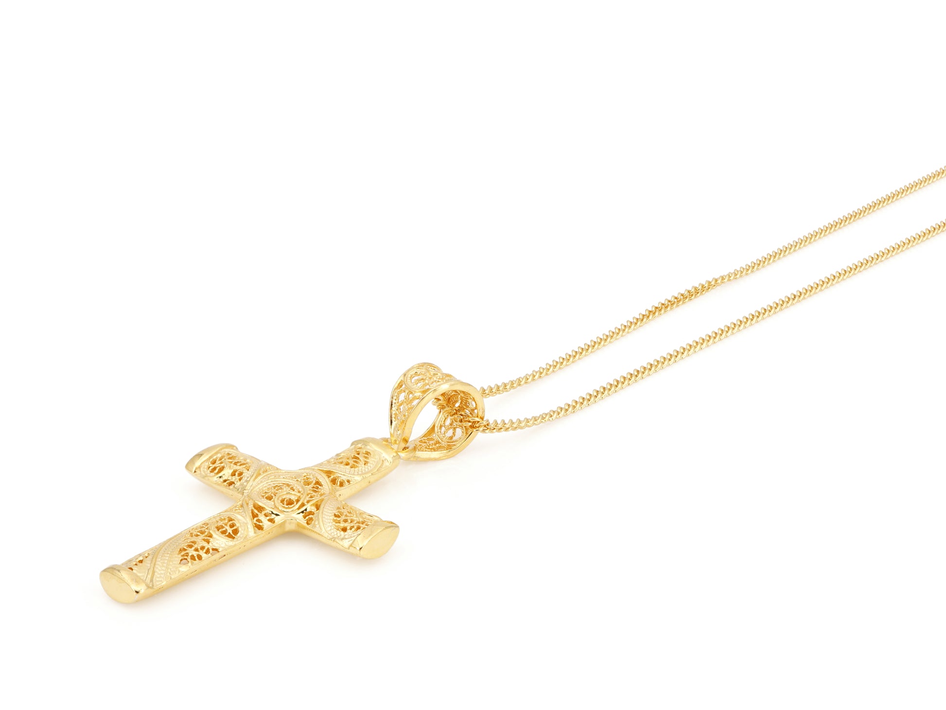Colar com Cruz, Filigrana Portuguesa, Prata de Lei 925 Dourada- Perspectiva