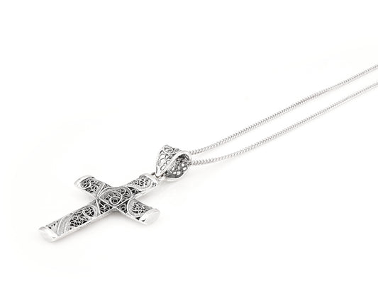 Colar com Cruz, Filigrana Portuguesa, Prata de Lei 925