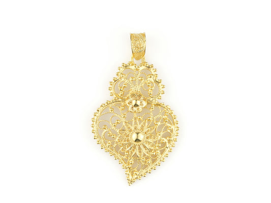 Medalha Coração Fidalga, Filigrana Portuguesa, Prata de Lei 925 Dourada - Vista de Frente