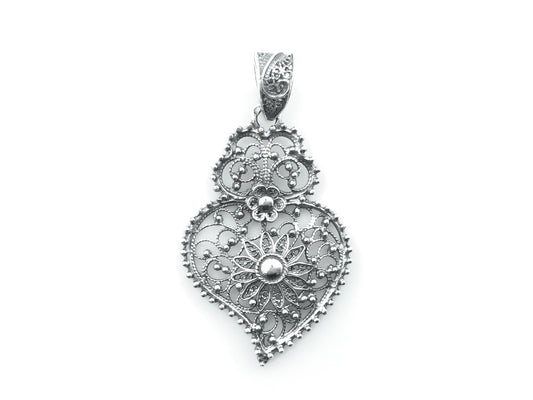 Medalha Coração Fidalga, Filigrana Portuguesa, Prata de Lei 925 - Vista de Frente