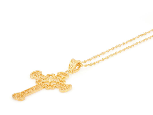 Colar Torcido com Cruz, Filigrana Portuguesa, Prata de Lei 925 Dourada