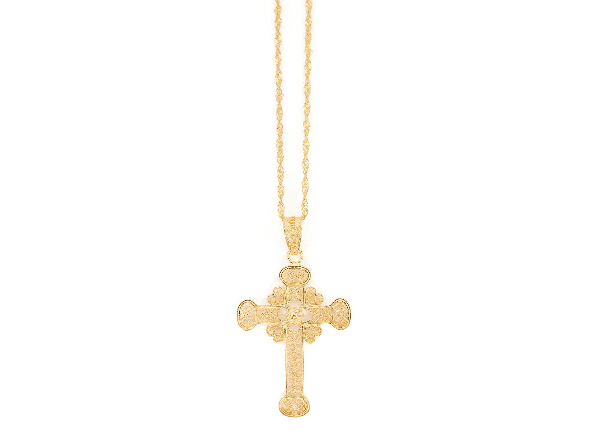 Colar Torcido com Cruz, Filigrana Portuguesa, Prata de Lei 925 Dourada - Vista de Frente
