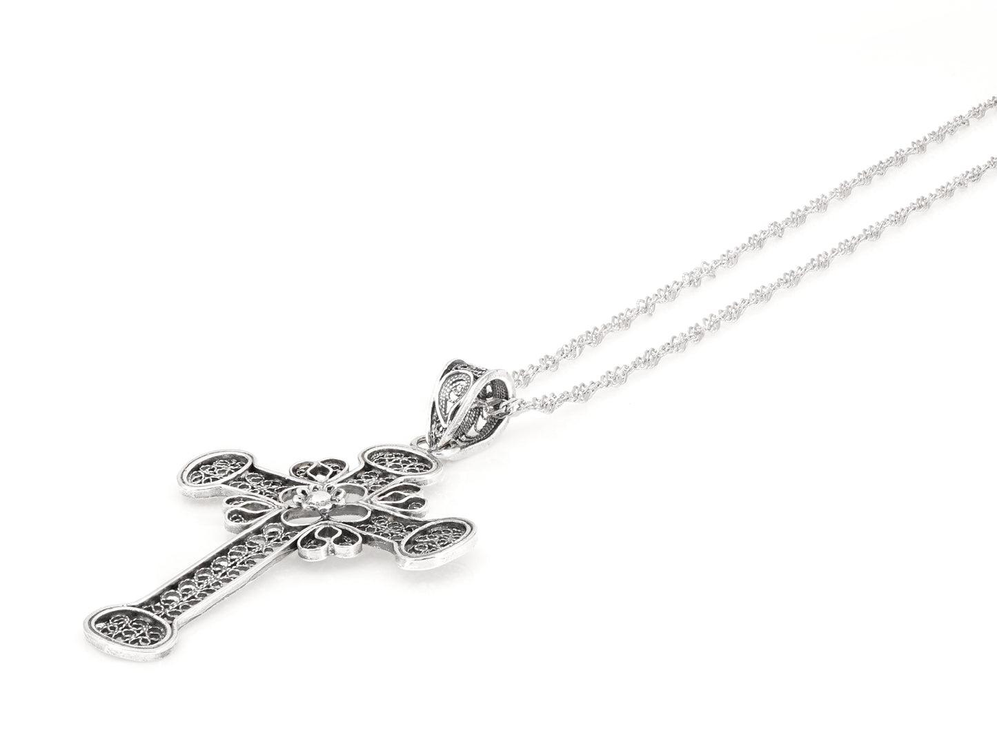 Colar Torcido com Cruz, Filigrana Portuguesa, Prata de Lei 925