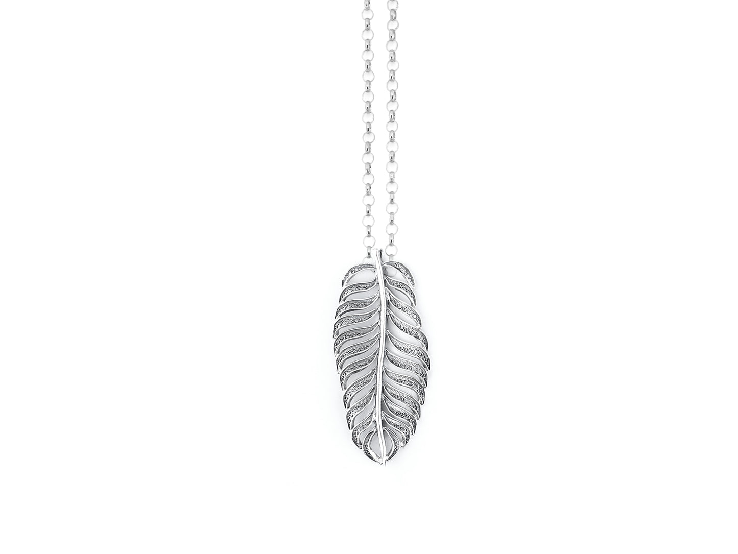Set of Earrings and Long Leaf Necklace, Portuguese Filigree, 925 Sterling Silver