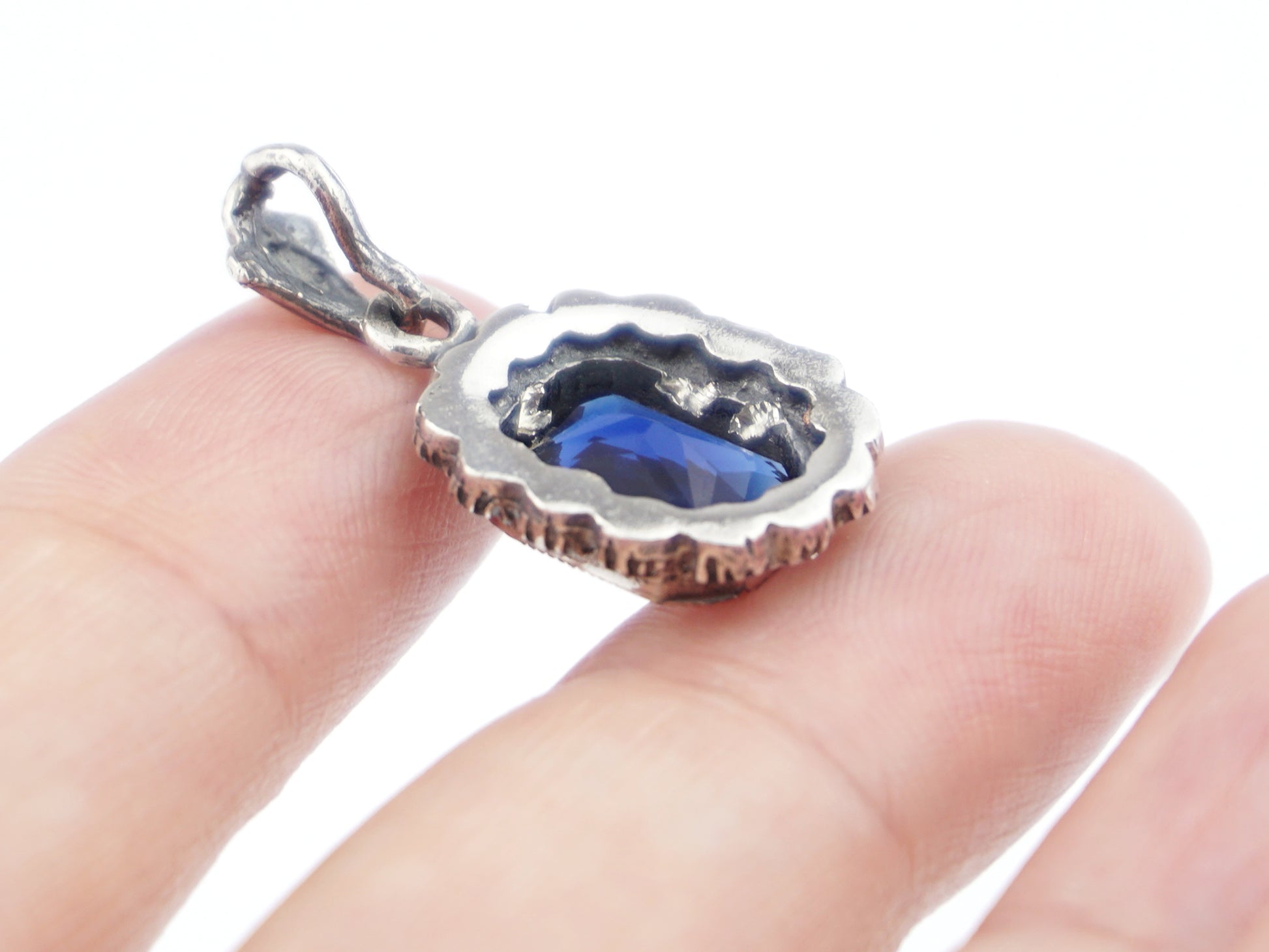 Medalha Marcassites Rectangular com Pedra Azul, Prata de Lei 925 e Ouro 9k - Vista de Trás