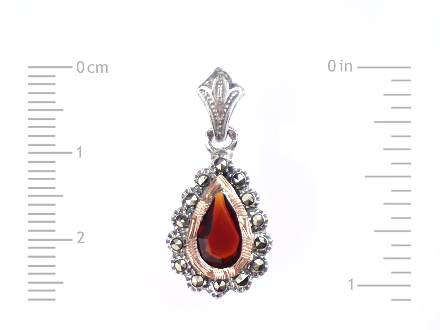 Medalha Lágrima Marcassites e Pedra Castanho-Avermelhada, Prata de Lei 925 e Ouro 9k - Medidas