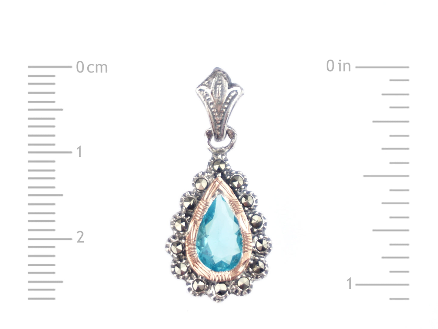 Medalha Lágrima Marcassites e Pedra Azul-Água, Prata de Lei 925 e Ouro 9k - Medidas