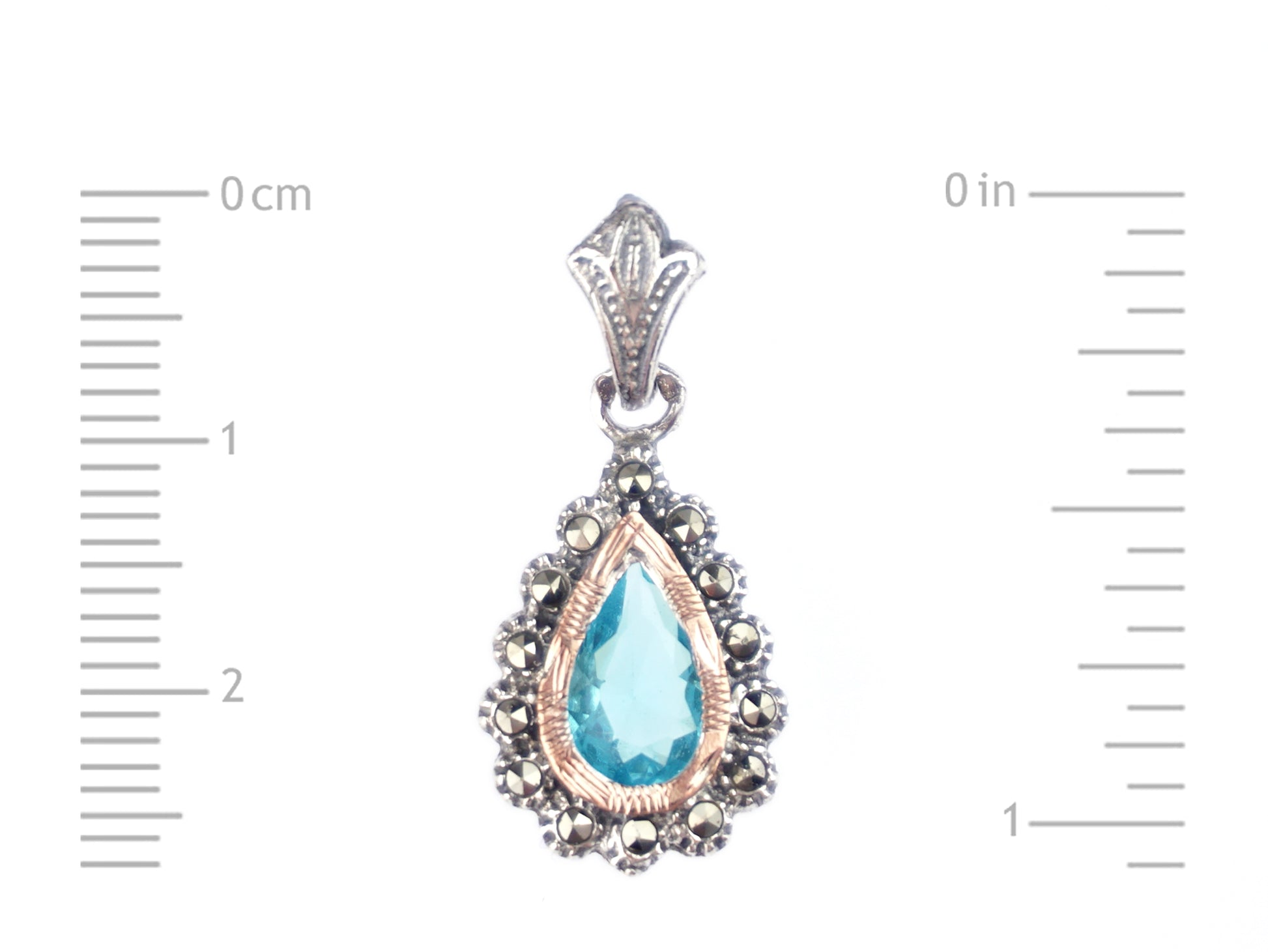 Medalha Lágrima Marcassites e Pedra Azul-Água, Prata de Lei 925 e Ouro 9k - Medidas