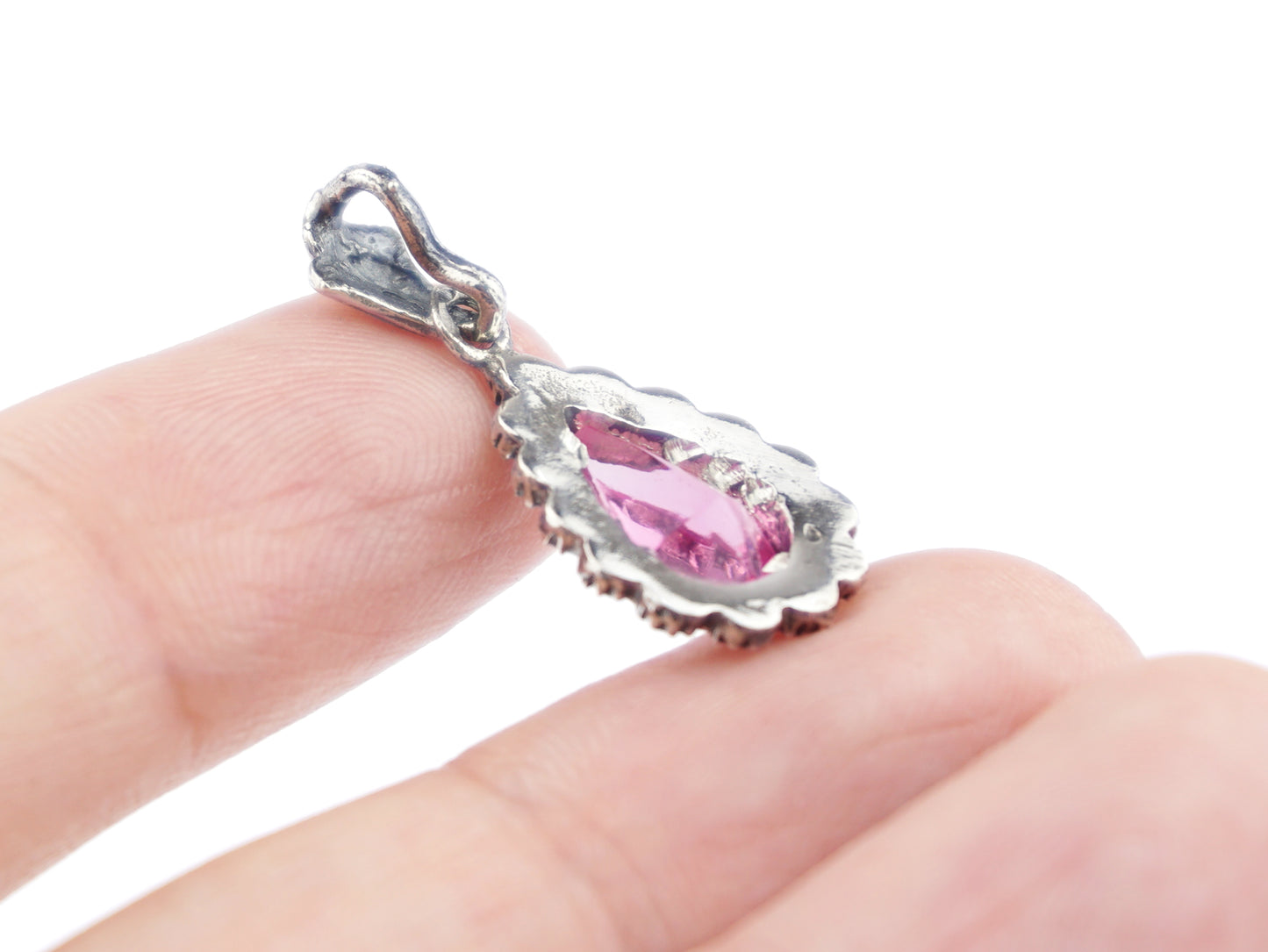 Medalha Marcassites Lágrima com Pedra Rosa, Prata de Lei 925 e Ouro 9k - Vista de Trás