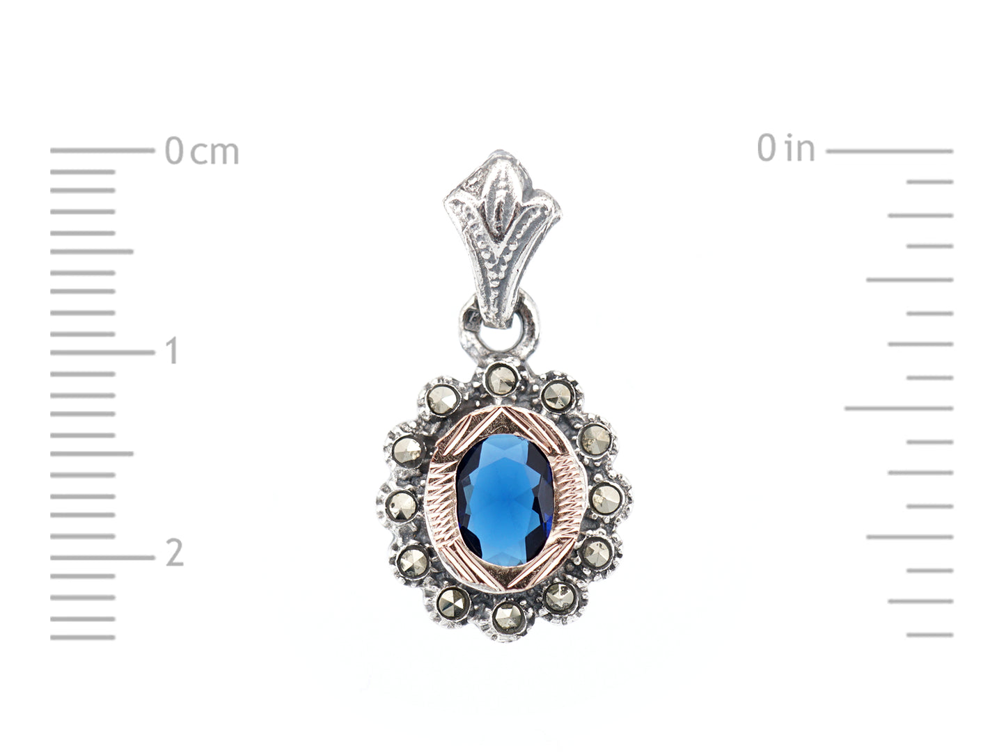 Medalha Oval Marcassites e Pedra Azul, Prata de Lei 925 e Ouro 9k - Medidas