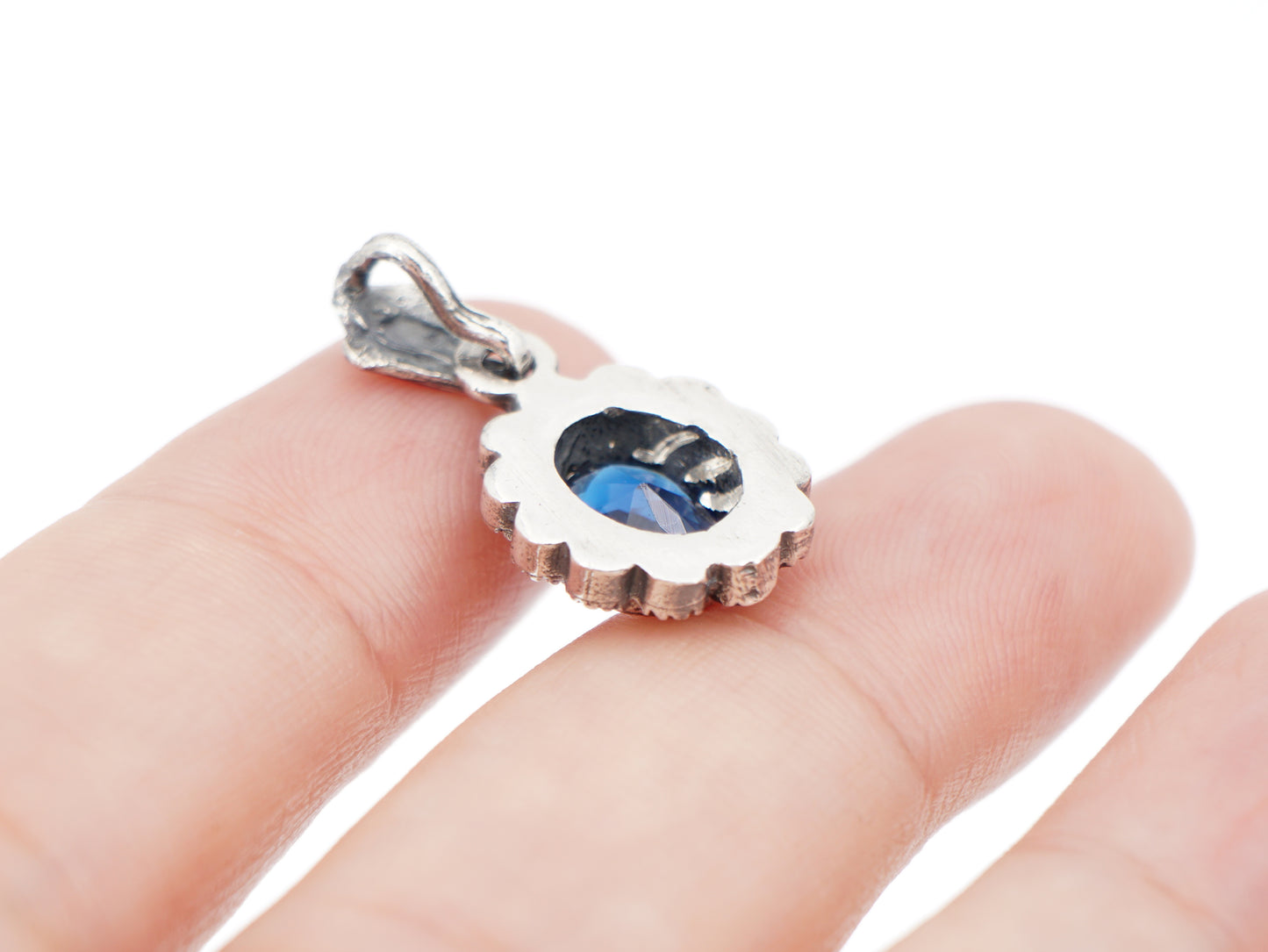 Medalha Oval Marcassites e Pedra Azul, Prata de Lei 925 e Ouro 9k - Vista de Trás