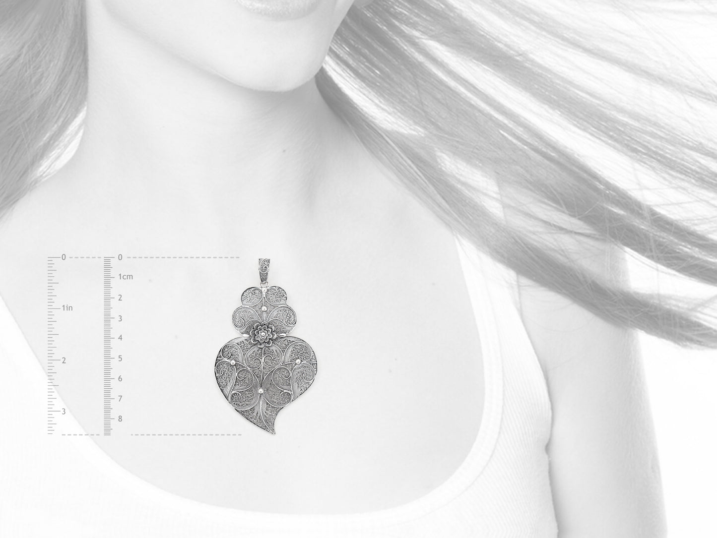 Medalha Coração de Viana Grande, Filigrana Portuguesa, Prata de Lei 925 - Medidas e Proporção