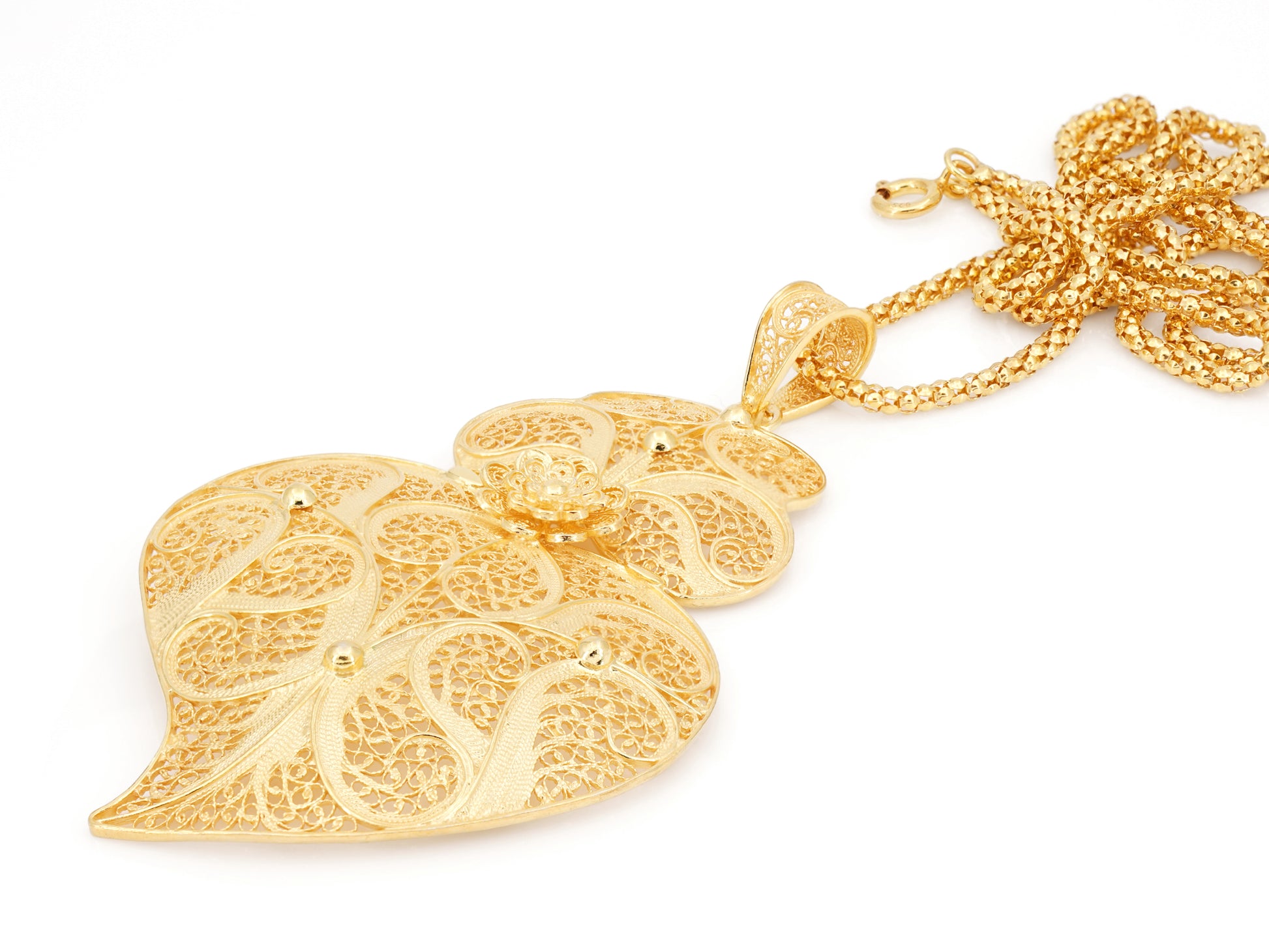 Cordão Granitos com Coração de Viana Grande, Filigrana Portuguesa, Prata de Lei 925 Dourada