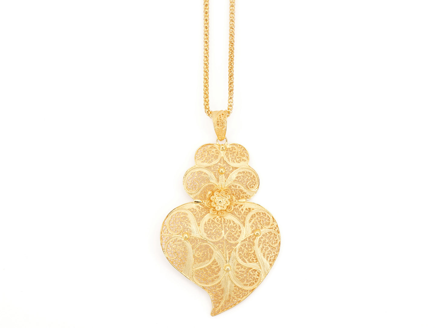 Cordão Granitos com Coração de Viana Grande, Filigrana Portuguesa, Prata de Lei 925 Dourada - Vista de Frente