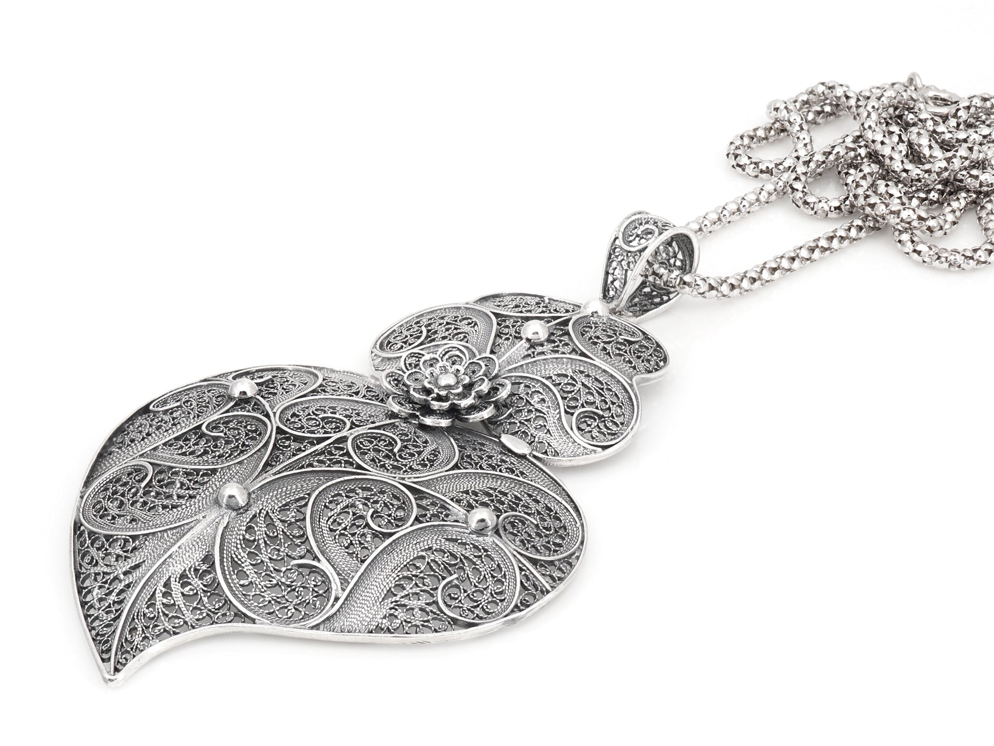 Cordão Granitos com Coração de Viana Grande, Filigrana Portuguesa, Prata de Lei 925 - Perspectiva