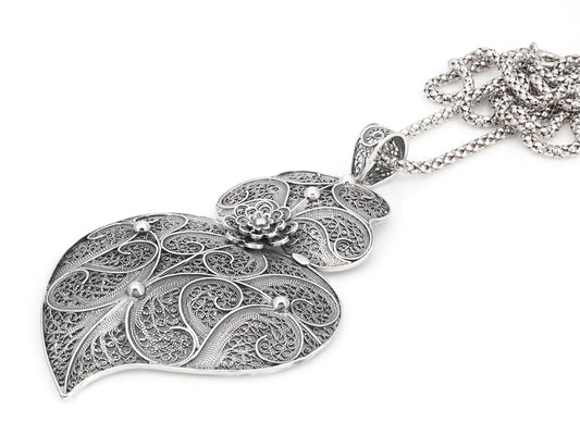 Cordão Granitos com Coração de Viana Grande, Filigrana Portuguesa, Prata de Lei 925 - Perspectiva