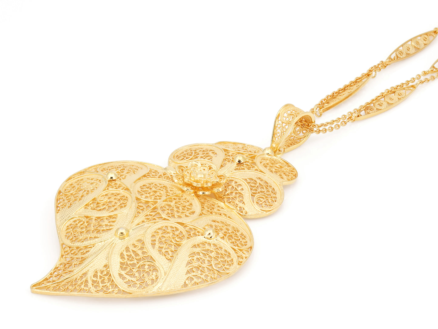 Colar Trancelim Extra Comprido com Coração de Viana Grande, Filigrana Portuguesa, Prata de Lei 925 Dourada