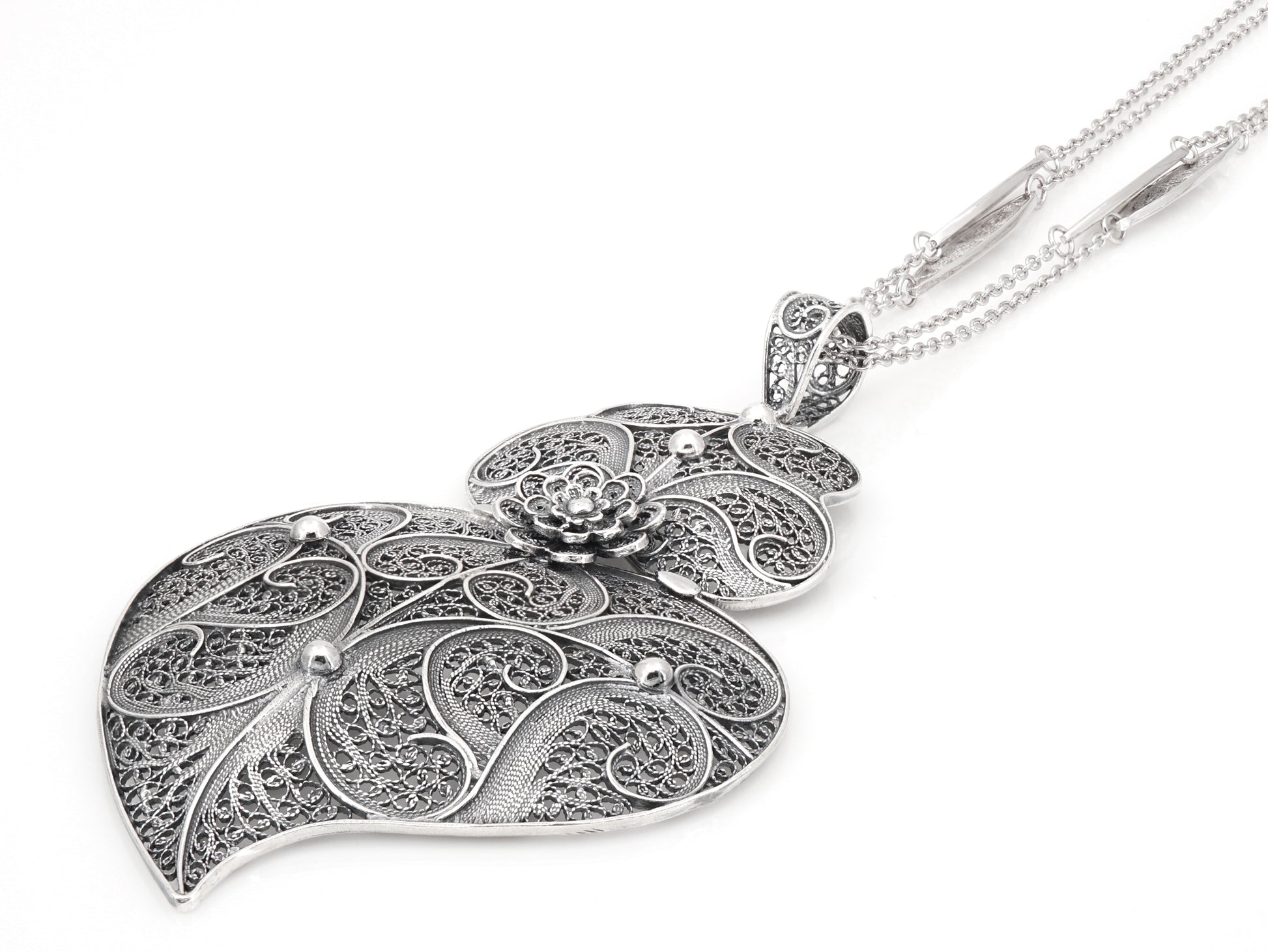 Colar Trancelim Extra Comprido com Coração de Viana Grande, Filigrana Portuguesa, Prata de Lei 925 - Perspectiva