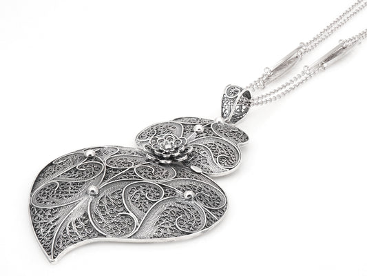 Colar Trancelim Extra Comprido com Coração de Viana Grande, Filigrana Portuguesa, Prata de Lei 925 - Perspectiva